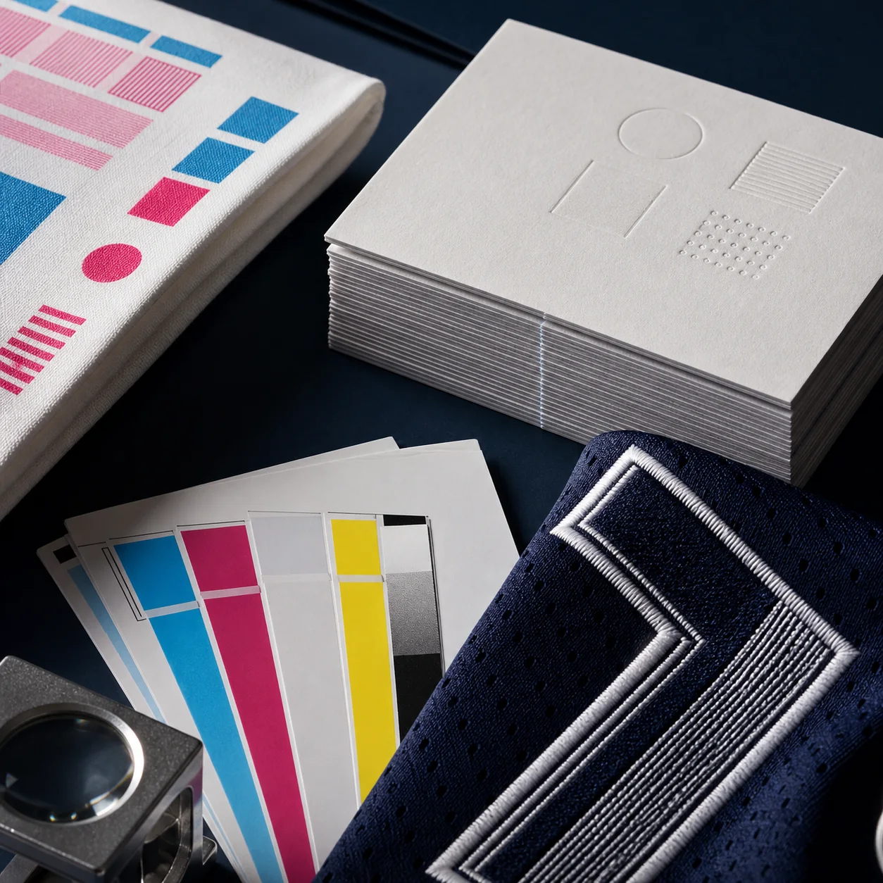 Close-up arrangement of fine paper, precisely printed fabric, embroidered sports material and colour samples.