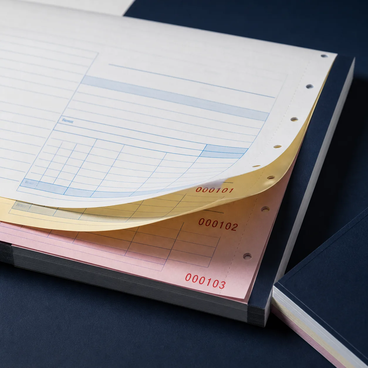 Close-up of numbered multi-part business forms with aligned rules and perforations.