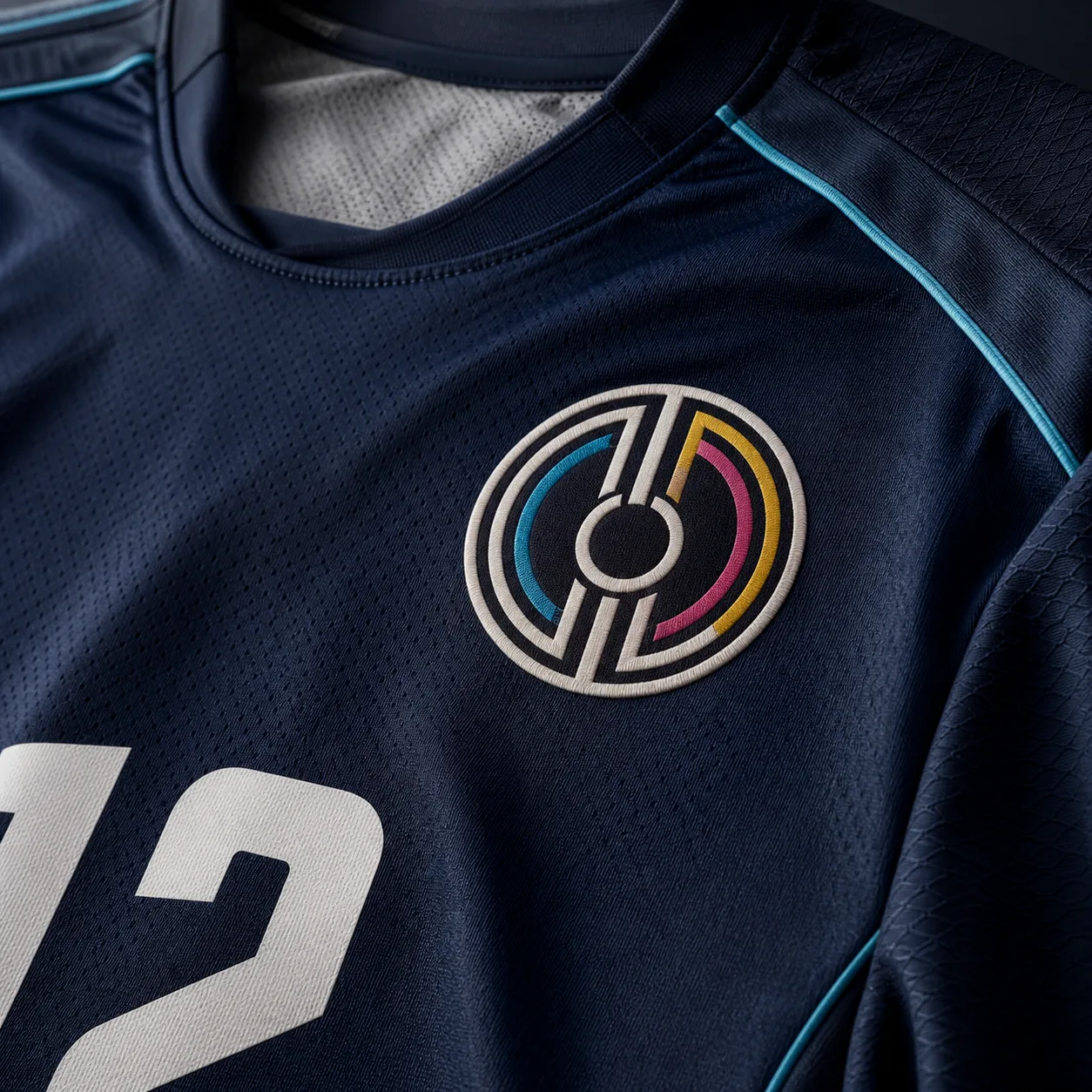 Close-up of an embroidered navy performance sports jersey with a printed player number.